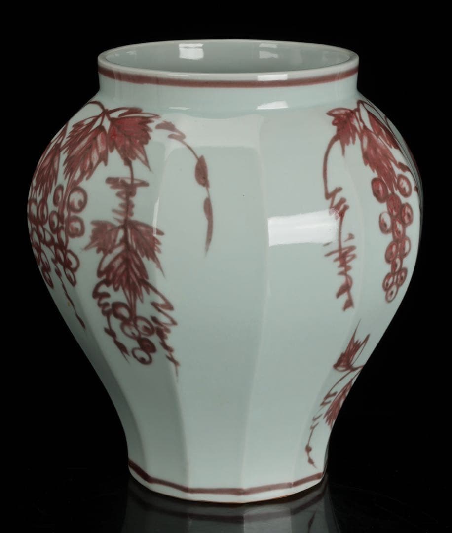【誉田窯 吉田隆】釉紅葡萄文壺 花瓶 飾壺 磁器 美術品 骨董品 高さ35cm