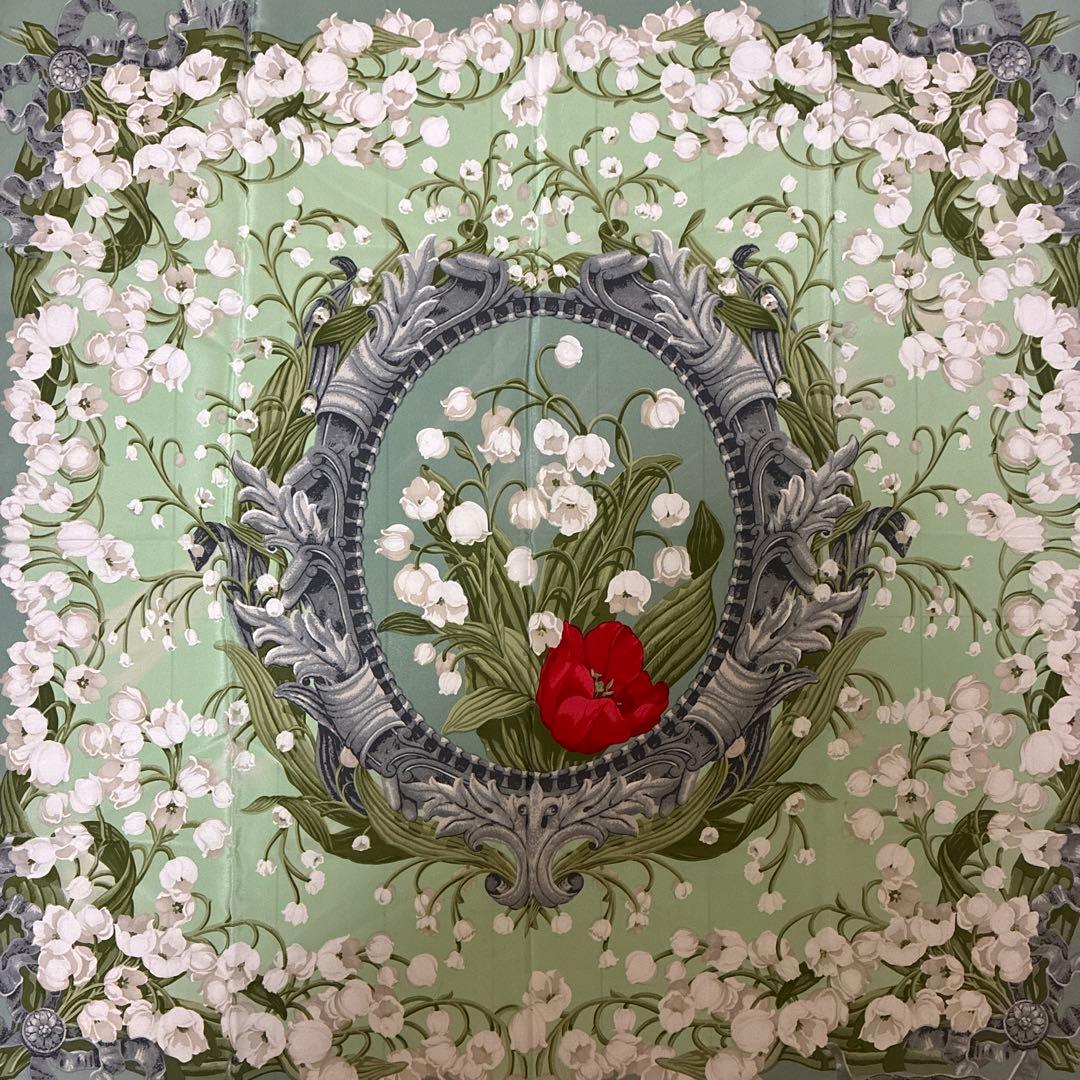 Christian Dior シルク　スカーフ　総柄　花柄　スズラン　イタリア製