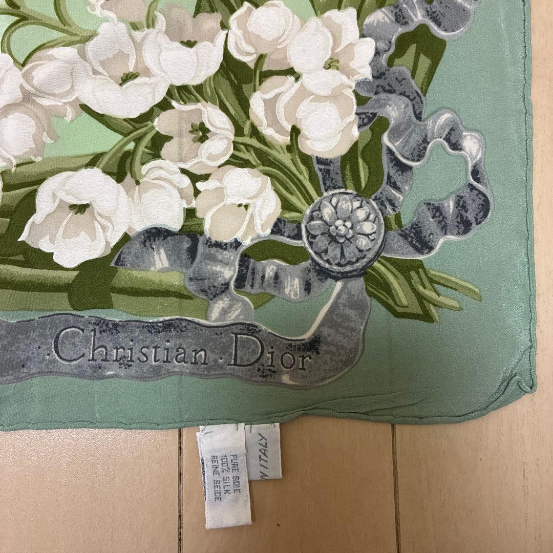 Christian Dior シルク　スカーフ　総柄　花柄　スズラン　イタリア製