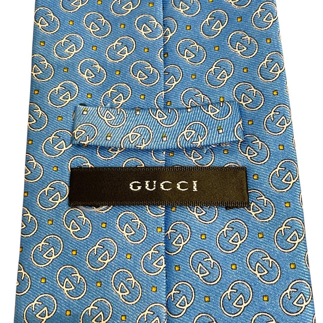 【92】GUCCI ネクタイ インターロッキング GG柄 水色 総柄 ドット