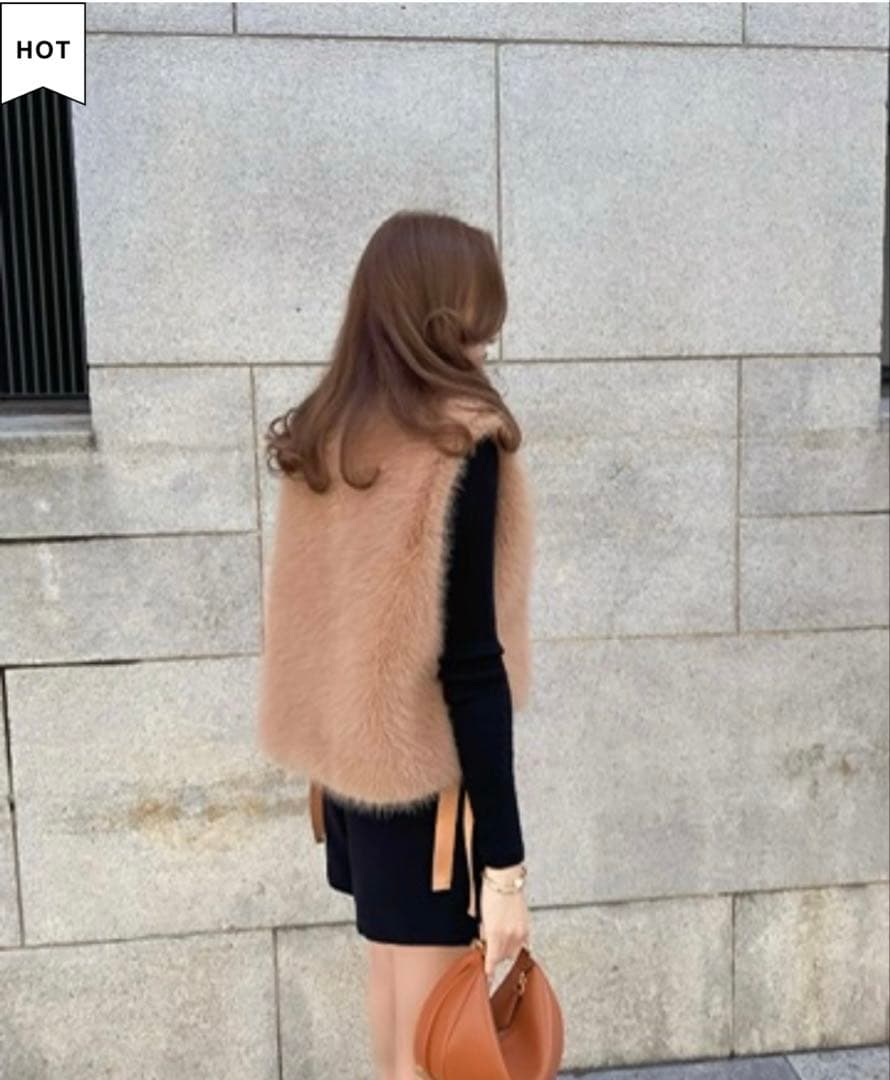 トップス esmok side ribbon fur vest beige