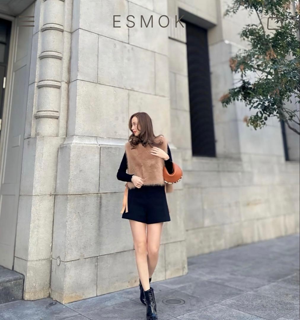 トップス esmok side ribbon fur vest beige