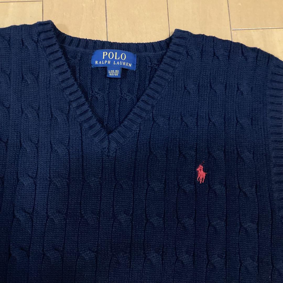 ポロ ラルフローレン ニット ベスト 160 S ケーブル編み 刺繍 極美品