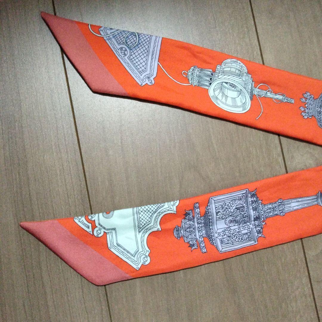 ま HERMES ツイリー オレンジ シルク スカーフ