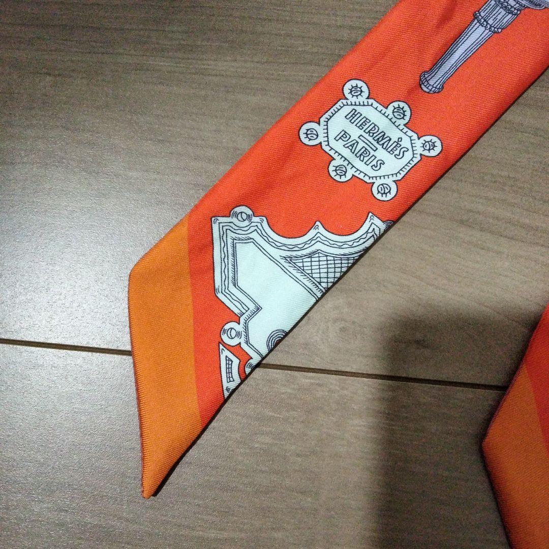ま HERMES ツイリー オレンジ シルク スカーフ