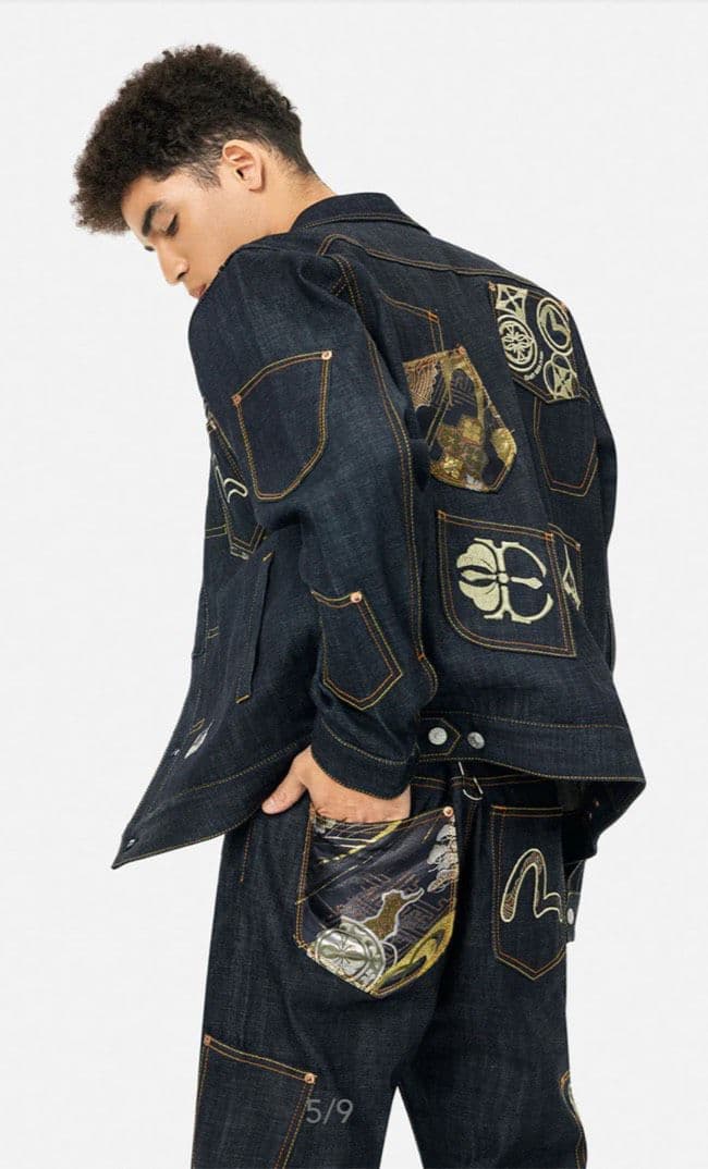 evisu プロケードパッチ付きマルチポケットレギュラーデニムジャケット