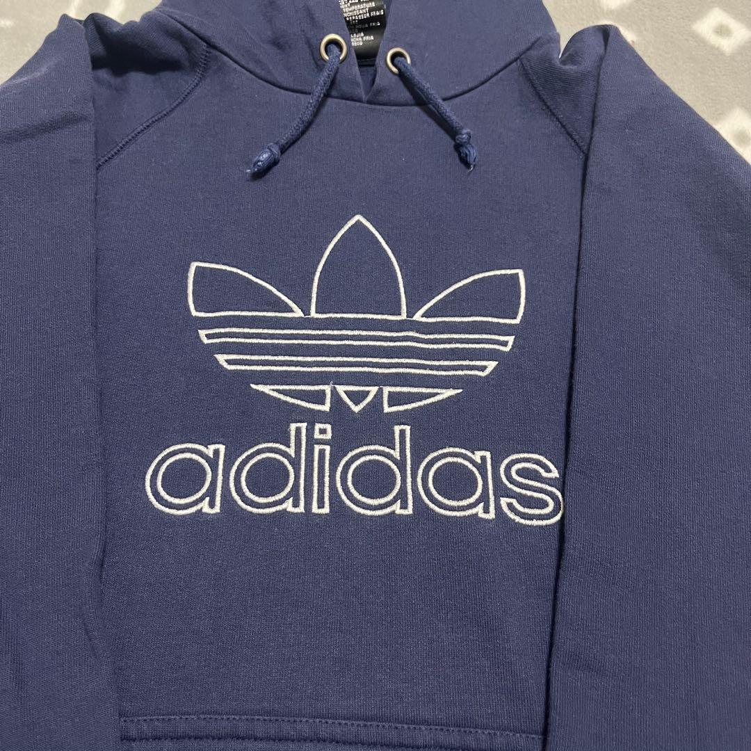90s adidas アディダス トレフォイル 刺繍ロゴ パーカー ネイビー L