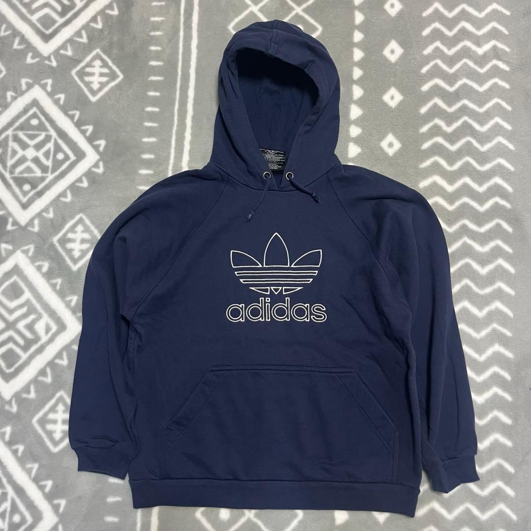90s adidas アディダス トレフォイル 刺繍ロゴ パーカー ネイビー L