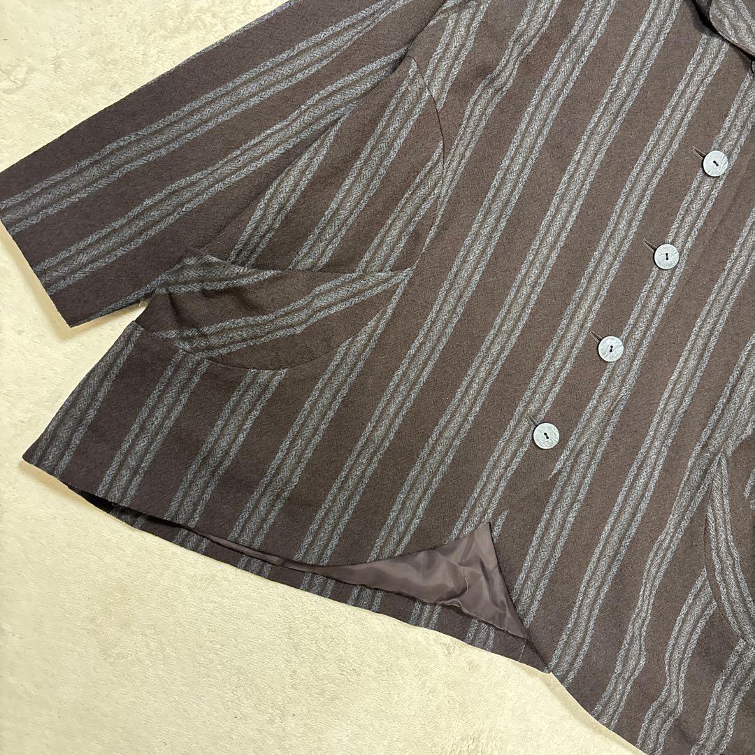 美品⭐️慈雨 ウールジャケット 変形 ストライプ 立ち襟　Aライン　ウール100%