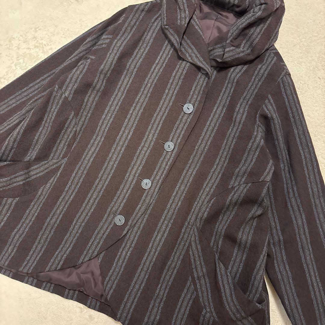美品⭐️慈雨 ウールジャケット 変形 ストライプ 立ち襟　Aライン　ウール100%