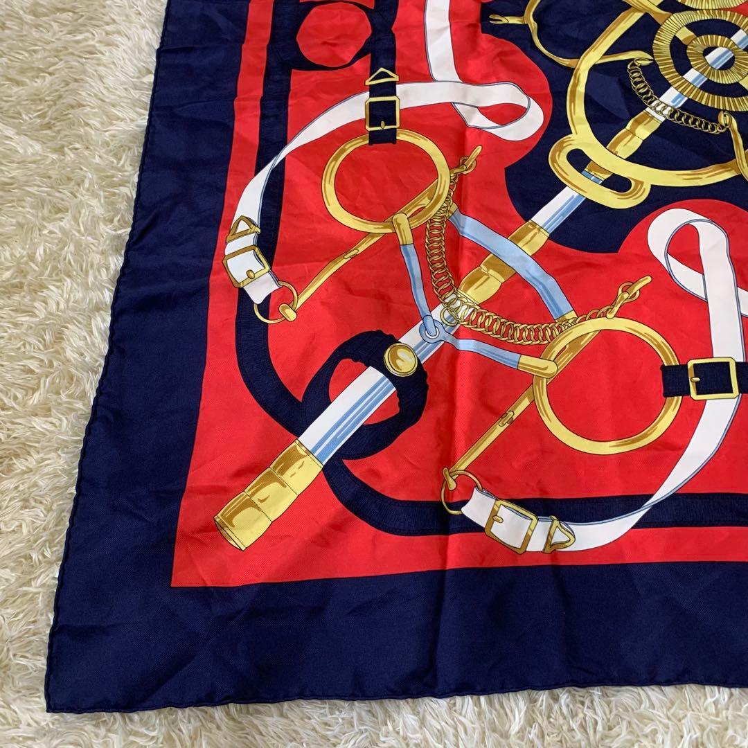 極美品　HERMÈS エルメス カレ90 シルクスカーフ 赤×紺