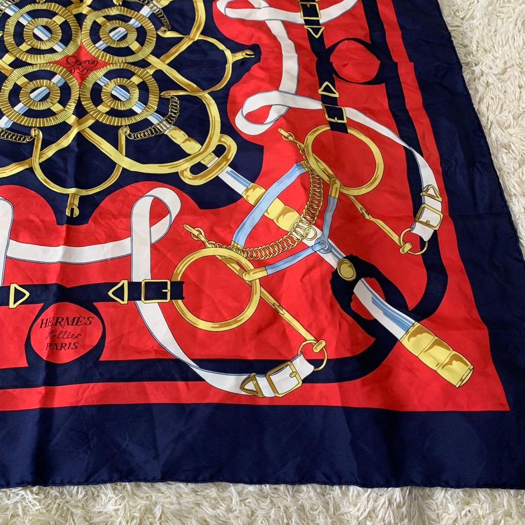 極美品　HERMÈS エルメス カレ90 シルクスカーフ 赤×紺