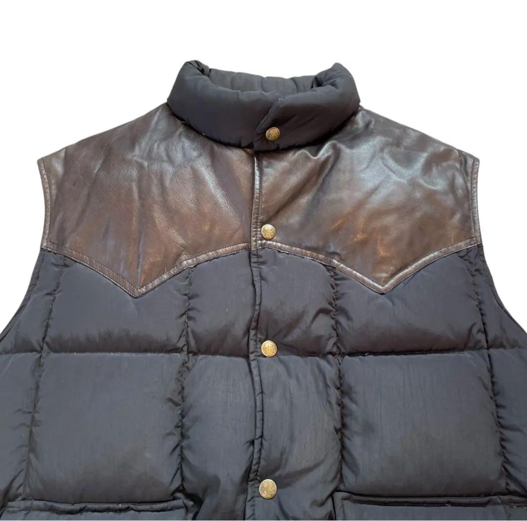 80s Woolrich ダウンベスト レザー切替 ブラック 黒×黒 希少 レア